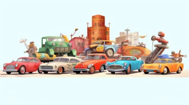 a bunch of cartoon clipart cars both new and old drifting and driving