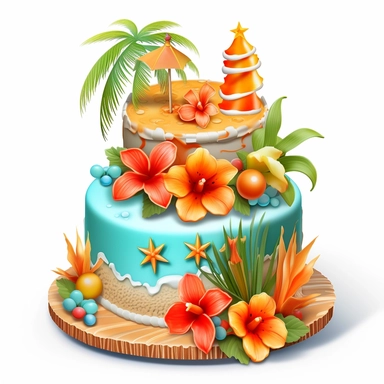 Create a clipart image of a birthday cake with a tropical theme. Use vibrant colors, tropical fruit decorations, and edible flowers to create a cake that captures the essence of a beach vacation.