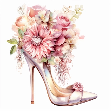 watercolor clipart of high heels with a blend of ivory, white and pink, decorated with bridal flowers and jewels, colored pencil drawing, good composition, vector, contour, isolated white background, 16k