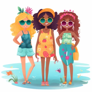 Beach girl clipart, cute girl illustration, girls squad, White background, vivid color, summer hot theme.