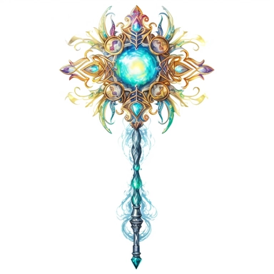Design a captivating clipart image of a legendary staff against a pristine white background. The staff should have a radiant crystal orb crowning it, adorned with ancient runes and symbols. Let the staff emit a soft, pulsating glow to represent the wielder's magical prowess.
