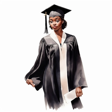 watercolor black female student graduation white gown clipart on a white background