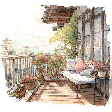watercolor, hyper realistic, white background, white margins, 16k, ultra detailed clipart, cut out image, hand-drawn, whimsical manhwa style, ultra HD, sharp and clean art cozy balcony with a wooden bench, a small coffee table, and a few cushions, surrounded by flowering plants, overlooking a quiet street