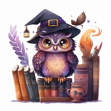 Watercolour cute witches owl, wearing a witch hat, clipart. The owl is sitting on a bookshelf, surrounded by books and potions. Its feathers are a mix of dark and orange shades, and its eyes are looking directly at the viewer. The witch hat has a purple ribbon, and the owl is holding a feather quill in its wing. The bookshelf is in a dark, candlelit room, with cobwebs and a cauldron in the corner. The books have titles like The Art of Witchcraft and Magical Potions and Spells. The potions on the