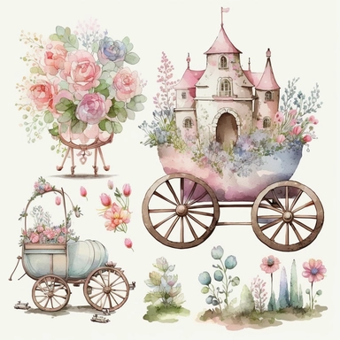 watercolor, pastel, cute, adorable, flowers, carriage, castle, clipart vector collection, no outline, full body on white background, high resolution