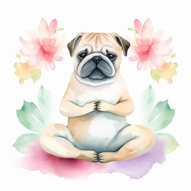 cute dog doing yoga exercise, yoga lotus flower background, watercolour clip art