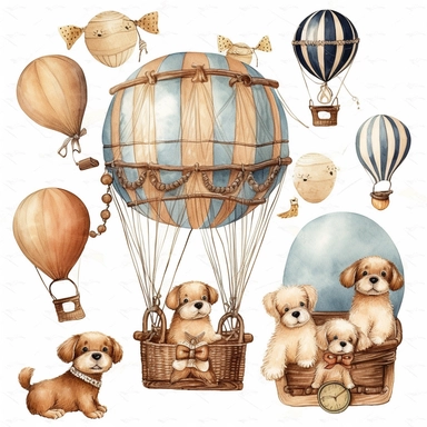 balloon with a basket , Wood dog Pilot Clipart, Aviator Clipart, cute sweet baby animals Illustrations vintage