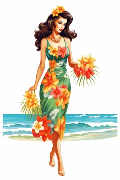 hawaiian woman on beach, retro cartoon, drawing clipart, Tropical Sublimation, Coconut Girl, Hibiscus, white background