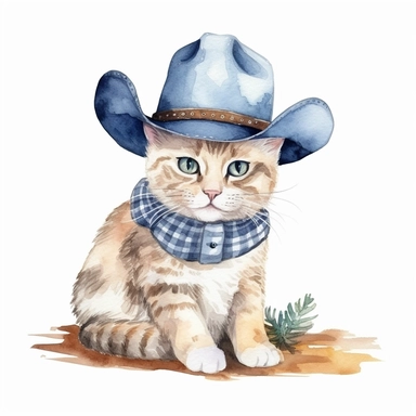 a cat cute cowboy watercolor clip art on white background