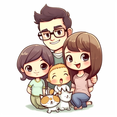 Cute happy chibi family clipart, white background