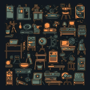 Home equipment - Furniture, modern industrial Style, clipart bundle, vector logo, vector art, vintage color style, black background, simple, cartoon, 2d