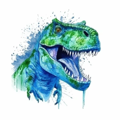 realistic green t-rex with blue watercolor clipart, minimalist, bright colors, isolated white background, 8k