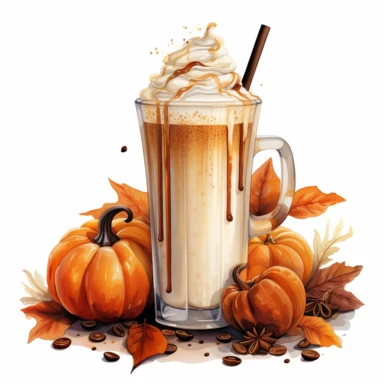 latte macchiato halloween themed, highly detailed color ink illustration, autumn season details, white background clipart 8k