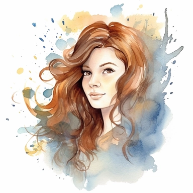 watercolour clipart of a woman, with crazy brown hair, blue-gray eyes, the sweet and scatterbrained dreamer, with a great sense of humor. She immerses herself in the world of digital design, creating exquisite papers for scrapbook albums. Though she may often forget things, her delicate touch and gentle nature shine through her artistry, make her smiling, exalted mood, white background, 8k, f1