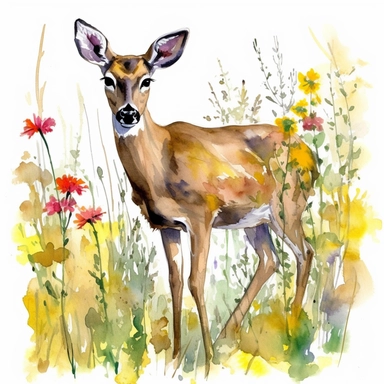 doe in a colorful Meadow Clipart watercolor sketch,