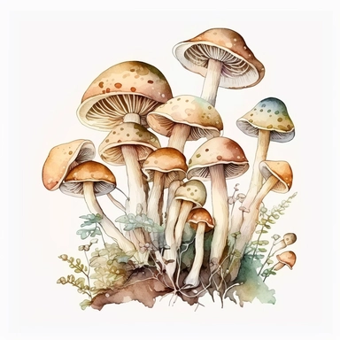 watercolor, a bunch of thin loong mashrooms in pastel beige color, a lot of details, good quality illustration, clipart, white background
