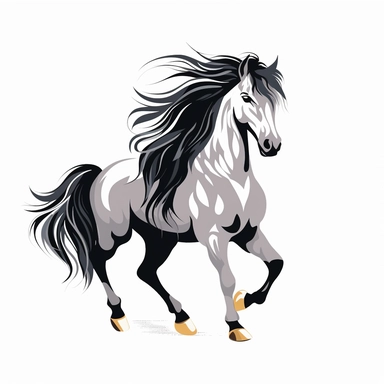 Clip Art, 2d, Flat Vector, SILVER ARABIAN Breed Horse With BLACK Extremely long thick Mane LOGO on White Background, NO TEXT, NO WATERMARK,
