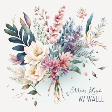 Wild Floral wedding Clipart, Watercolor, bouquet, pink flowers, white flowers, blue flowers, white background, no caption, leave blank space to write something, write MAY