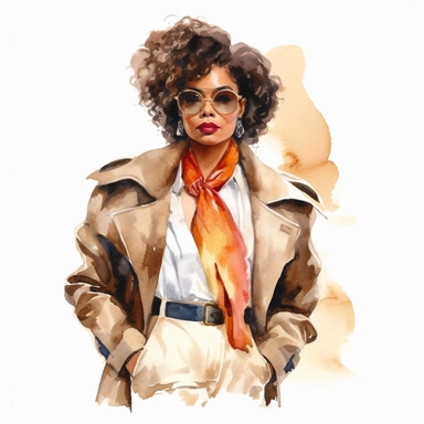 watercolor style, african american lady boss in fashion chic clothes, perfect look, classic colors, expressing self-confidence and empowerment. clipart, isolated on white background, hd