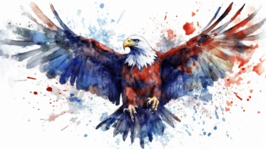 Watercolor American eagle, American Flag, Stars and Stripes, double exposure, integrated, red white and blue, unreal engine, splashed, clipart, white background