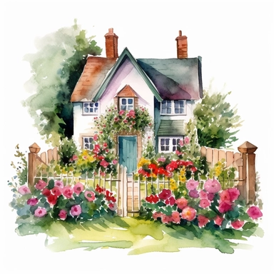 watercolour English cottage garden with a mix of colorful flowers and hedges plain background a png image that can be used as clipart