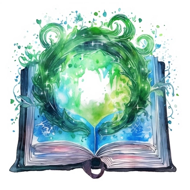 Solid white background, Detailed watercolor open ancient magic book that is encased in enchanted vines that form an alter for the open book to sit, greenblue northern lights glow from the book's pages, clipart. The visable pages of the book have sketched magic circles on them visibly
