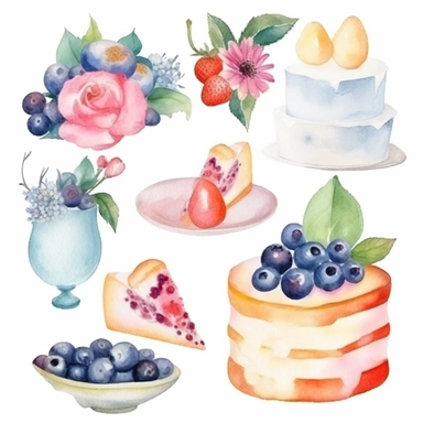 Juego de clipart de pastel de cumpleaños de acuarela. Clipart de pastel de flores de boda. Tarta de frutas. Diseño de pastel de logotipo. Clipart de panadería de alimentos. Watercolor graphic Set, Hand painted ilustrations, white background