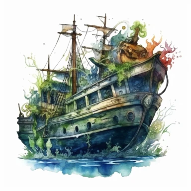 Horror style overrealistic mystical submerged pirate ship covered mosses and seashells bottom of the sea with watercolor effect, dark blue water, dark green mosses, deep water, sea plants, coral and mussel, , random fishes, undersea details, suitable for digital clipart, white background