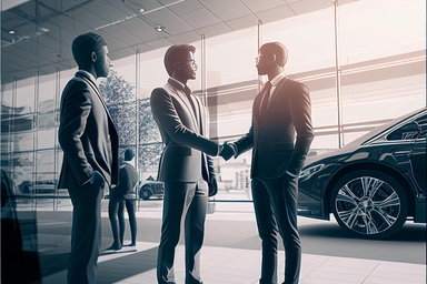 stock clipart, profiles of business people in front of car dealership, shaking hands, octane rendering, high detail, detail, sharp focus, noise reduction, vfx, post processing, 8k, no blur,