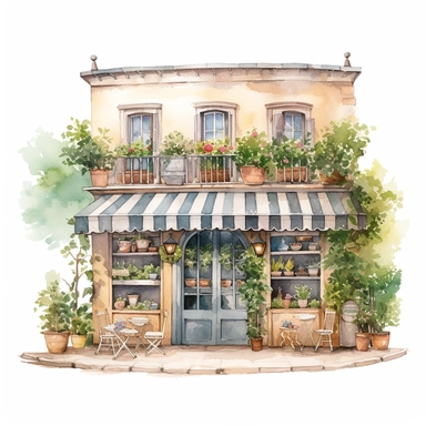 Dimetric illumination of a a cute watercolor small french cafe with tables and potted plants , french cafe, with plants plants, god rays, high quality, intricate design, clipart witchcore dreamcore cottagecore white background no text, isolated on white, ghibli style, award winning