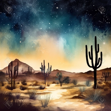clipart style, watercolor scene of An enchanting image of a desert oasis at night, surrounded by sand dunes and silhouettes of cacti. The night sky is adorned with a myriad of stars, casting a celestial glow over the tranquil desert landscape, evoking a sense of peace and natural beauty, HD, on white background