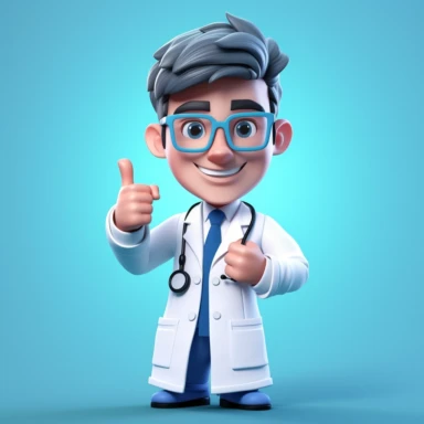 3d render, cartoon character smart doctor wears glasses and shows thumb up. Medical clip art isolated on blue background. Best choice concept. Health care recommendation metaphor