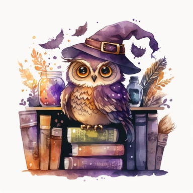 Watercolour cute witches owl, wearing a witch hat, clipart. The owl is sitting on a bookshelf, surrounded by books and potions. Its feathers are a mix of dark and orange shades, and its eyes are looking directly at the viewer. The witch hat has a purple ribbon, and the owl is holding a feather quill in its wing. The bookshelf is in a dark, candlelit room, with cobwebs and a cauldron in the corner. The books have titles like The Art of Witchcraft and Magical Potions and Spells. The potions on the