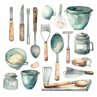 Create a watercolor clipart set of kitchen utensils and tools, including knives, spatulas, ladles, and measuring cups. Use pastel colors and subtle shading to give the images a soft, elegant look, white background