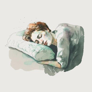 watercolor clipart illustration of a person lying in bed, falling asleep peacefully, perfect facial features, retro style, retro color palette, ultra-detailed, no background, white background, transparent background,