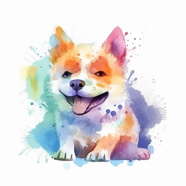 watercolor cool retro dog clipart, japanese cartoon art style, showing the emotion of joy and hapopiness, vibrant colors, beautiful.