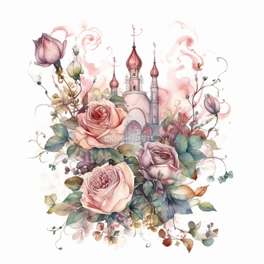 clipart, front view, ornate, whimsical nursery illustration of a magical mystical roses in soft watercolor, isolated on a solid white background