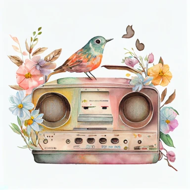 Vintage old radio ( a little floral, bird on radio) pastel rainbow watercolor clipart