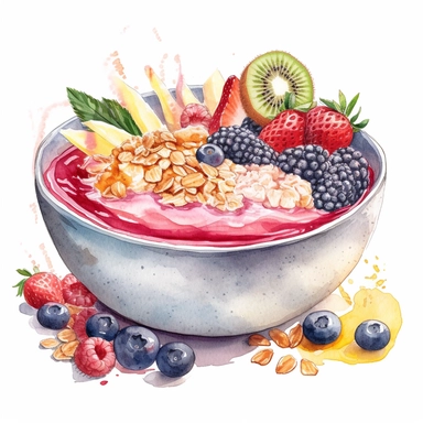 A watercolor clipart of a colorful smoothie bowl with toppings like granola, coconut flakes, and berries. The colors should be vibrant and fresh, and the details should be crisp enough to show the different layers and textures. The background could be a light wash of color to make the smoothie bowl stand out, white background