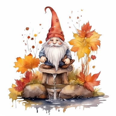 Watercolor, Gnomes Cutie cartoon, Water well garden of autumn Flower, clipart, on a white background