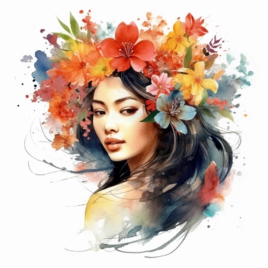 watercolor style, asian-origin girl with flowers on her head clipart, isolated on white background, hd ar 32:40