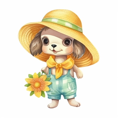 Summer cute cartoon dog dressed for summer, clipart, watercolor illustration for kid, white background