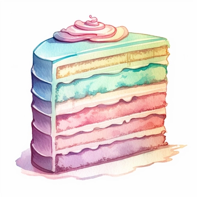 watercolor slice of five layer iced rainbow cake clipart, in pastel pink, pastel bue and pastel mint green, simple handpainted designs, soft harmonious colors, style cute s 900