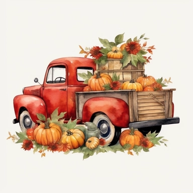 A red shabby American classic truck with two cute gnomes and pumpkins, sunflowers, maple leaves, autumn harvest, nature, watercolor clip art style, 4K HD,