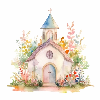 watercolor painting of wedding chapel clipart on plain white background, painted in the style of chiho aoshima