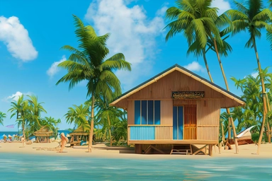 Beach shack house, vector bamboo hut bar, surfboard, Hawaiian surfing bungalow, tropical plants. Summer cartoon island building, straw roof, exotic vacation camping. Beach shack seashore sand clipart .highly detailed, realistic, photo realistic, octane render, 4K, 8K, UHD, hyper detailed
