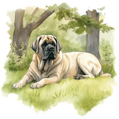An outdoor scene depicting an English Mastiff enjoying a peaceful day in nature, perhaps lying under a shady tree or exploring a grassy field, showcasing the breed's love for outdoor activities and its gentle nature, with a white background and watercolor clipart.