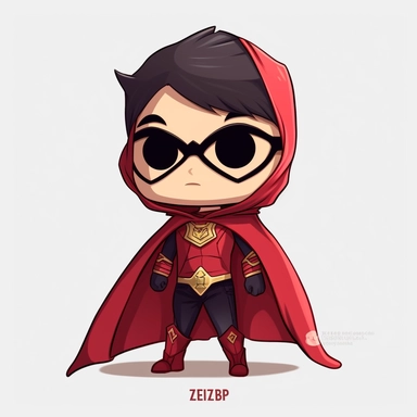zeeb labs art style boy, super hero, tiny chibi body with red suit, crown, Mask, smerk, super long cape, clipart, sticker, no background, hd