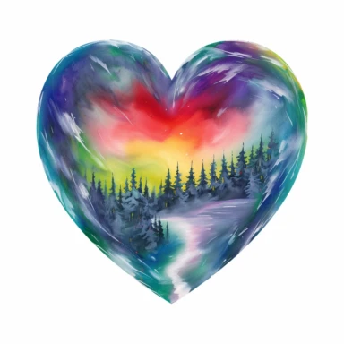 painting of a heart with the northern lights inside of it, in the style of enchanting realms, nature-inspired installations, bloomcore, mesmerizing colorscapes, skillful, fluid and organic, clipart, blank white background