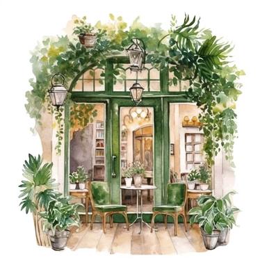 photo realistic clipart watercolor illustration style of cute french cafe interior with open doors clipart, floral glowing plants clipart, delicious pastry, illustration style, green, 8k trending in etsy, super bright vivid, svg, white background, art nouveau art style, ink contour